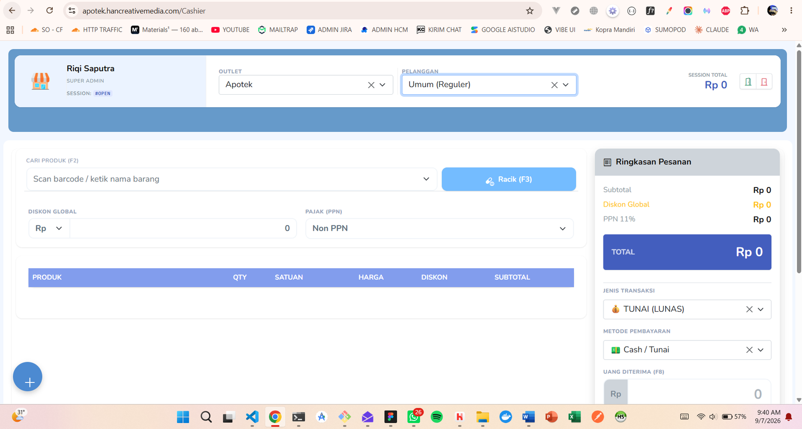 Layar kasir POS DR.APP dengan tombol Racik F3 dan ringkasan pesanan